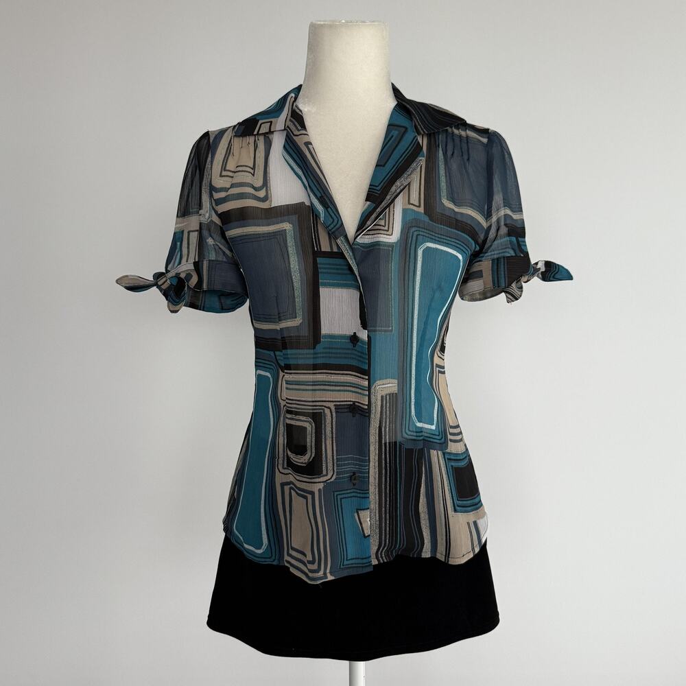 Worthington Blouse Womens 8P Blue Geometric Sheer Collared Short Sleeve Top